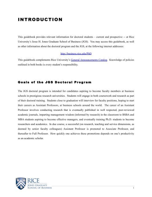 ph.d. program guidebook - Jesse H. Jones Graduate School of ...