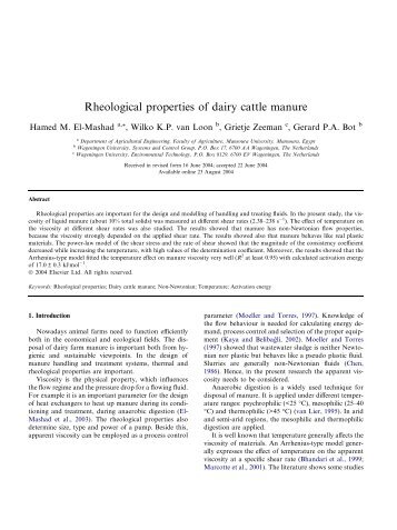 Rheological properties of dairy cattle manure