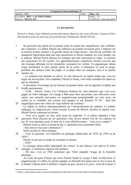 PROPOSITION DE SUJET – FRANÇAIS B