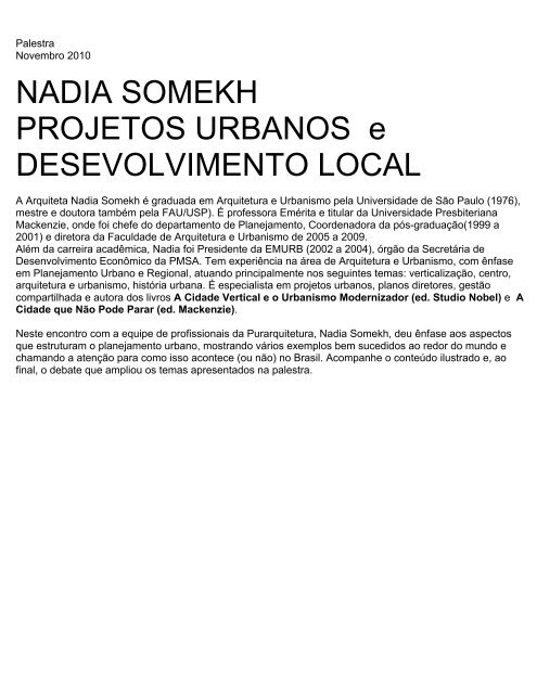PROJETOS URBANOS e DESEVOLVIMENTO LOCAL - Purarquitetura