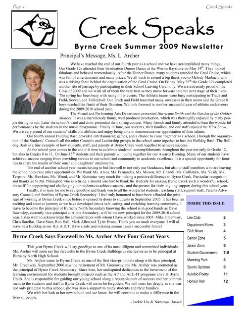Summer, 2009 Newsletter - Byrne Creek Secondary