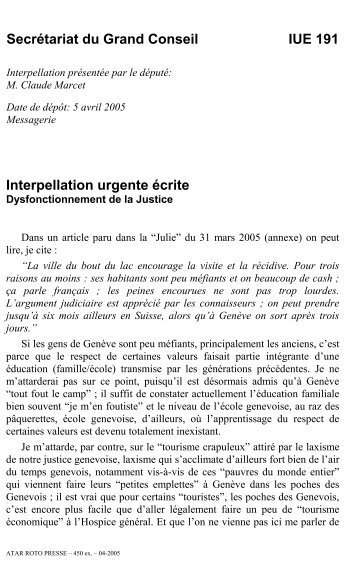 IUE 191 - Interpellation urgente ecrite de M. Claude Marcet ... - Ge.ch