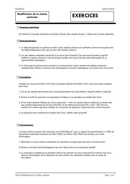 Exercices sur modification de la chaîne carbonée