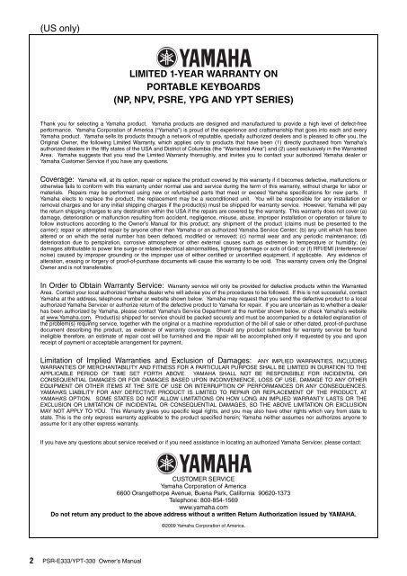 PSR-E333/YPT-330 Owner's Manual - Yamaha Downloads