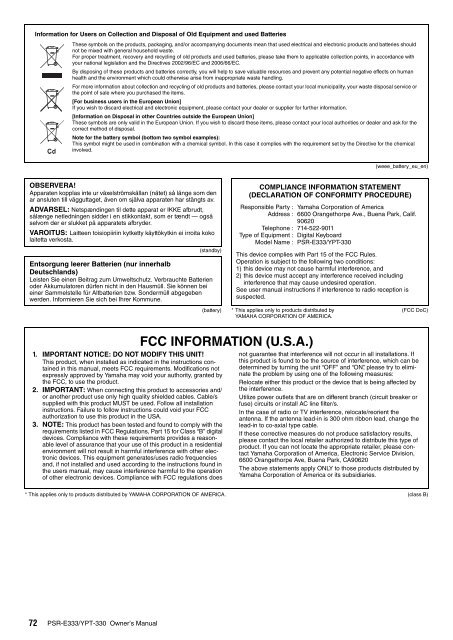 PSR-E333/YPT-330 Owner's Manual - Yamaha Downloads