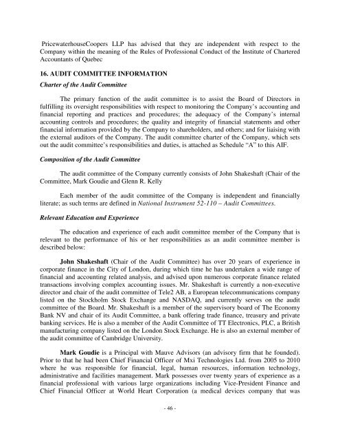 ANNUAL INFORMATION FORM – XEBEC ADSORPTION INC. – For ...