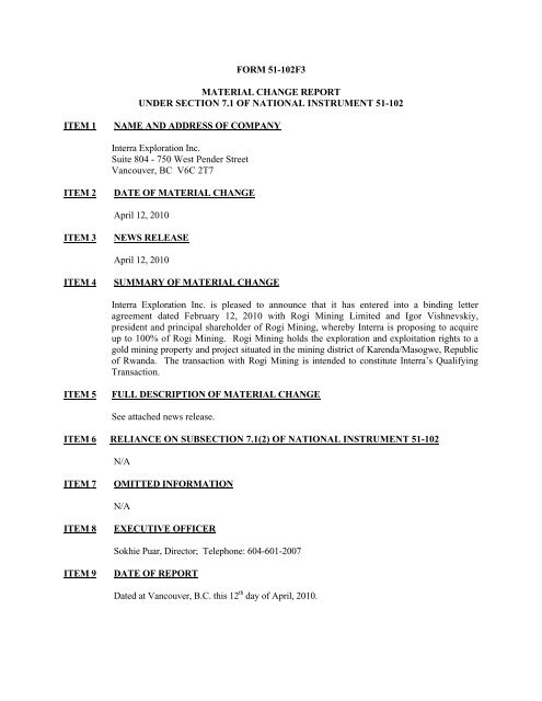 FORM 51-102F3 MATERIAL CHANGE REPORT UNDER SECTION ...