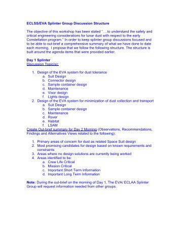 ECLSS/EVA Splinter Group Discussion Structure - NASA