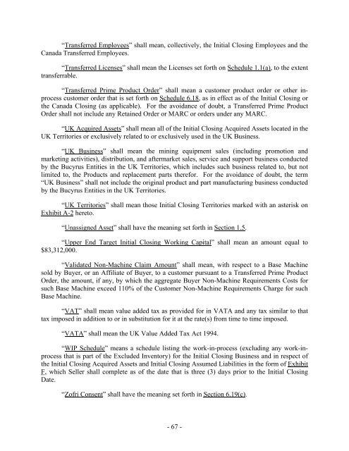 MASTER ASSET PURCHASE AGREEMENT BY ... - Canadian Stocks