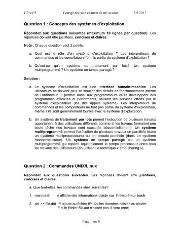 Question 1 : Concepts des systèmes d'exploitation Question 2 ...