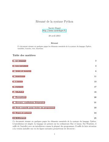 Résumé de la syntaxe Python en 27 pages - Xavier Dupré