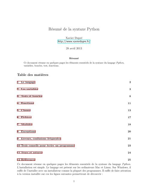 Résumé de la syntaxe Python en 27 pages - Xavier Dupré