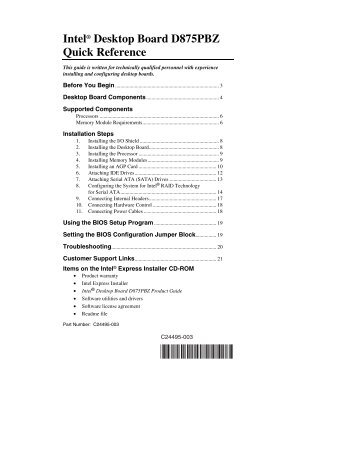 Intel® Desktop Board D875PBZ Quick Reference