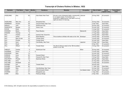 Authentic list victims first Asiatic Cholera visitation Bilston parish in ...