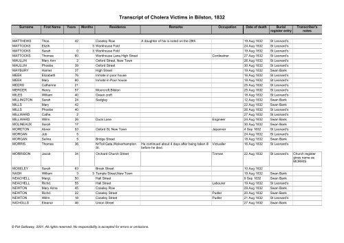 Authentic list victims first Asiatic Cholera visitation Bilston parish in ...