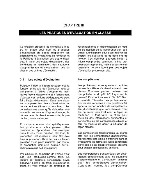 L'évaluation des apprentissages au préscolaire et au primaire