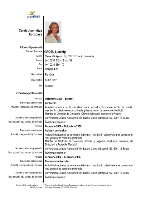 Curriculum vitae Europass - Cadre Didactice