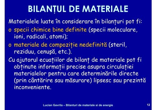 BILANTURI DE MATERIALE SI ENERGIE - Cadre Didactice