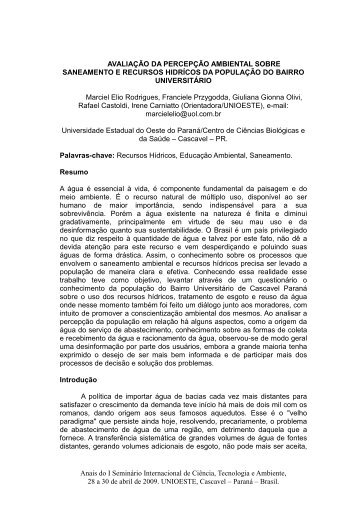 avaliação da percepção ambiental sobre saneamento e ... - Unioeste