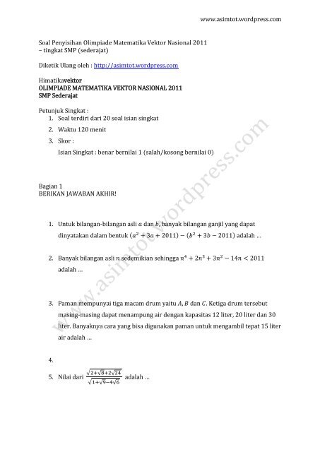 Soal Penyisihan Olimpiade Matematika Vektor Nasional 2011 Tk Smp