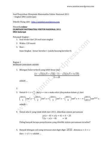 Soal Penyisihan Olimpiade Matematika Vektor Nasional 2011 tk. SMA