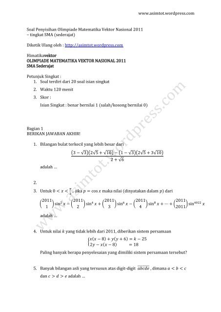 Soal Penyisihan Olimpiade Matematika Vektor Nasional 2011 tk. SMA