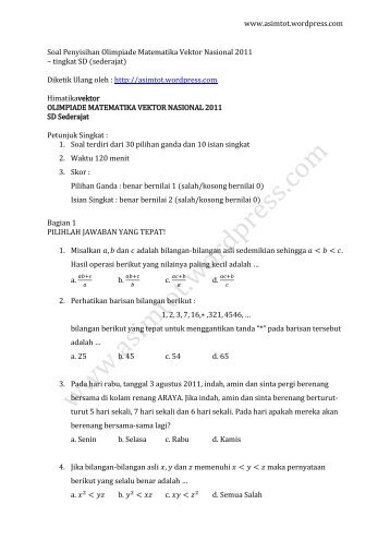 Soal Penyisihan Olimpiade Matematika Vektor Nasional 2011 tk