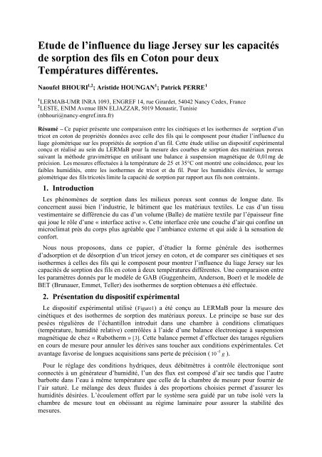 Etude de l'influence du liage Jersey sur les capacités de sorption ...