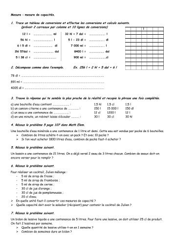 Mesure : mesure de capacités. 1. Trace un tableau de conversions ...