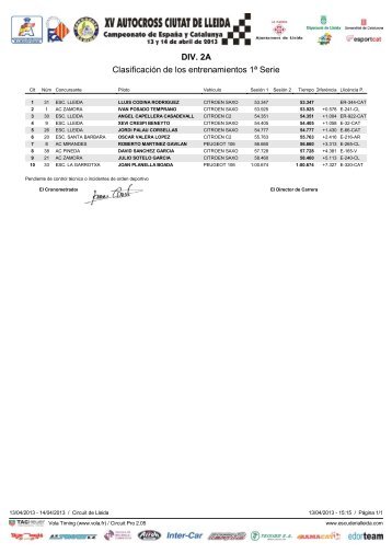 DIV. 2A Clasificación de los entrenamientos 1ª ... - Escuderia Lleida