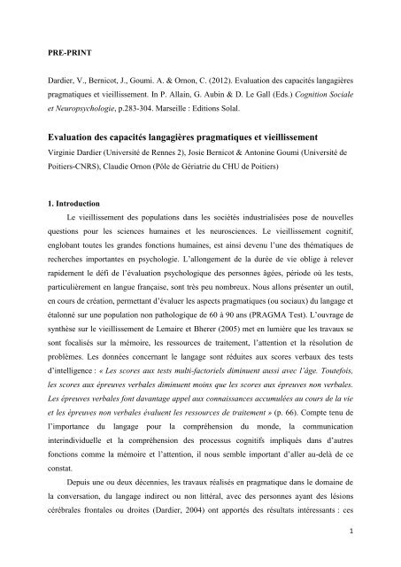 Evaluation des capacités langagières pragmatiques ... - Josie Bernicot