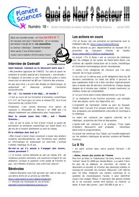 Quoi de neuf secteur n°18 janvier 2003 - Planète Sciences