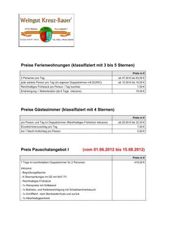 Preise Ferienwohnung - Weingut Kreuz-Bauer GbR