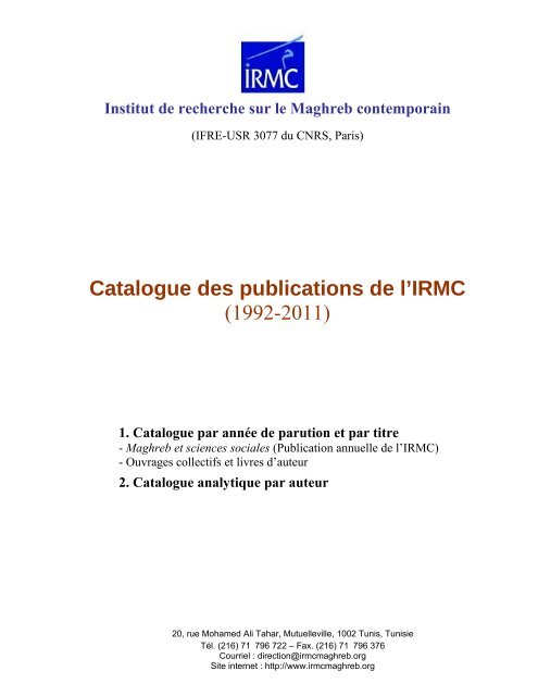 Catalogue - Institut de Recherche sur le Maghreb Contemporain