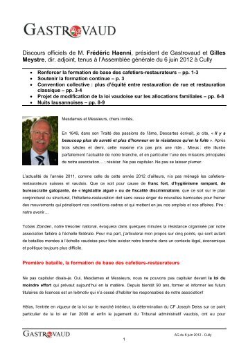 Discours officiels de M. Frédéric Haenni, président de Gastrovaud et ...
