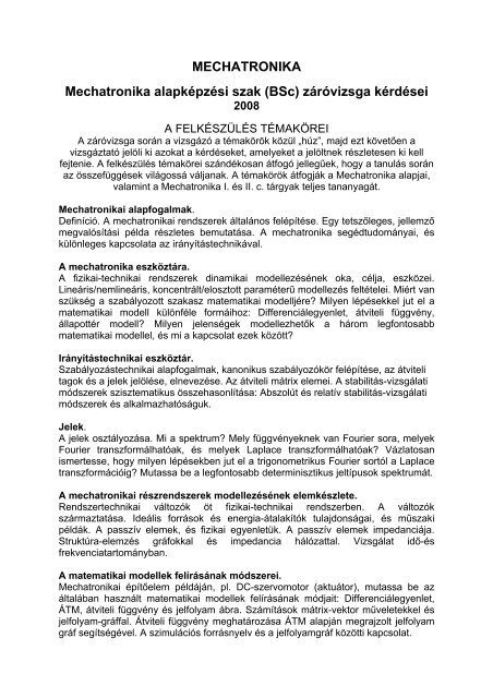 MECHATRONIKA Mechatronika alapképzési szak (BSc) záróvizsga ...