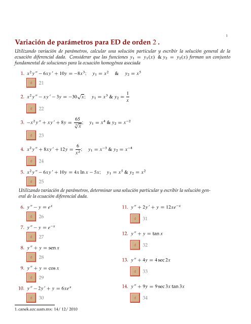 Variación de parámetros para ED de orden 2 . - Canek - UAM