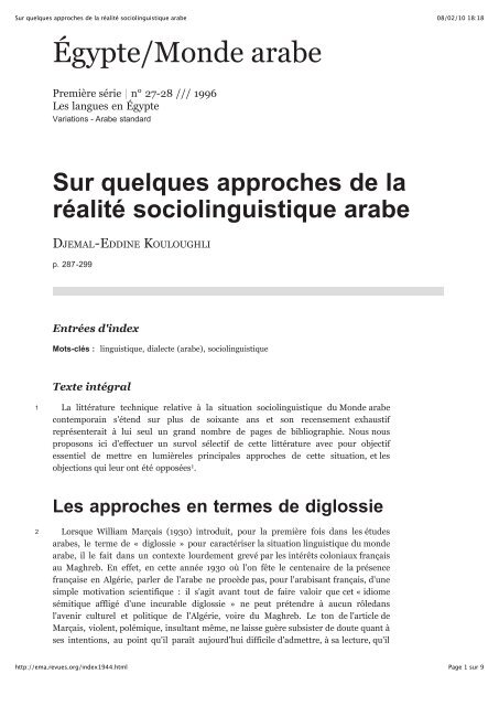 Sur quelques approches de la réalité sociolinguistique arabe