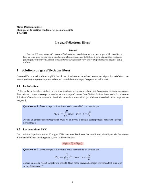 Le gaz d'électrons libres 1 Solutions du gaz d'électrons libres - iramis