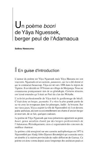 Un poème boori de Yâya Nguessek, berger peul de l'Adamaoua - IRD