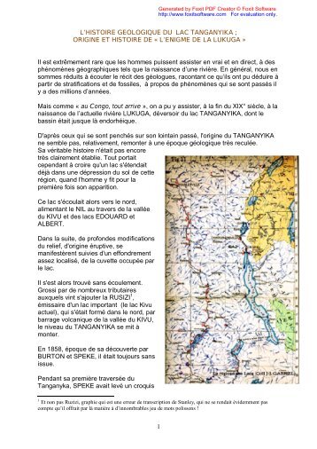 1 L'HISTOIRE GEOLOGIQUE DU LAC TANGANYIKA ; ORIGINE ET HISTOIRE DE ...