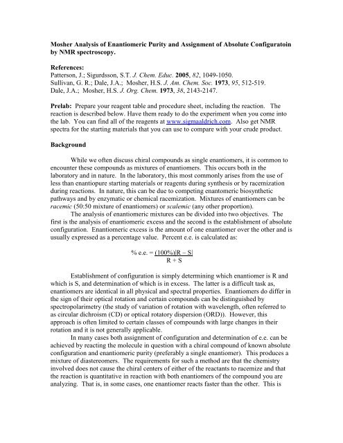 Mosher Ester Analysis - Department of Chemistry and Physics