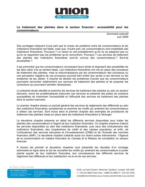 Sommaire exécutif  Union des consommateurs