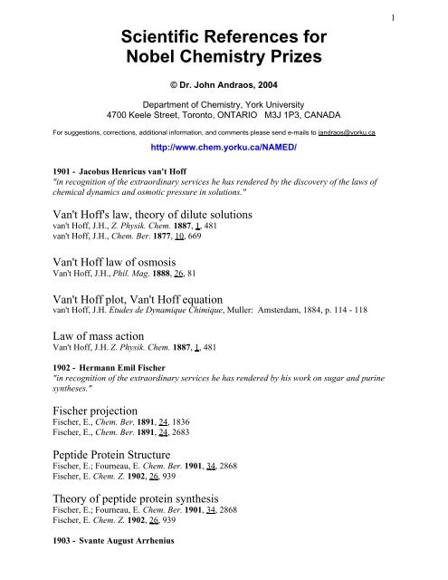 Scientific References for Nobel Chemistry Prizes