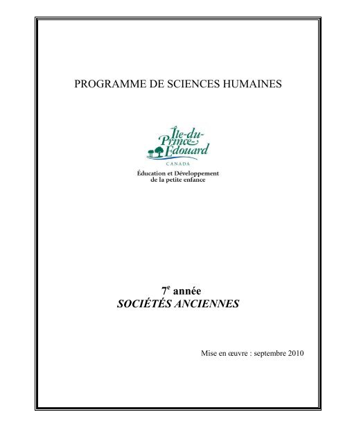 PROGRAMME DE SCIENCES HUMAINES 7 année SOCIÉTÉS