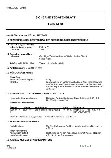 SICHERHEITSDATENBLATT Fritte M 70 - Carl Jäger