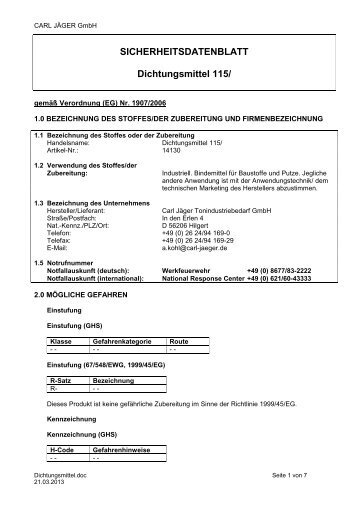 SICHERHEITSDATENBLATT Dichtungsmittel 115/ - Carl Jäger