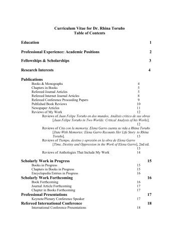 Curriculum Vitae for Dr. Rhina Toruño Table of Contents Education ...