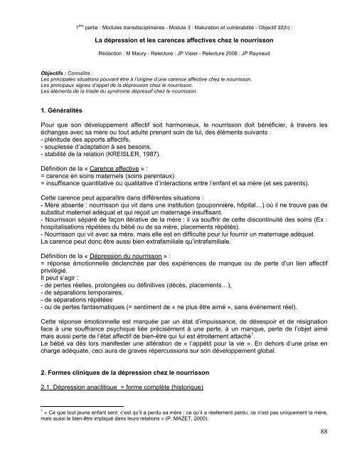 La dépression et les carences affectives chez le nourrisson 1 ...