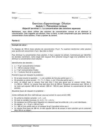 Exercices d'apprentissage : Dilution - Faculté des sciences et de génie